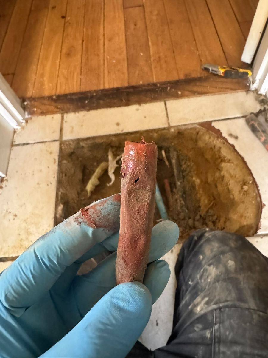 Section of pipe with a pinhole leak held in a gloved hand above the opened floor